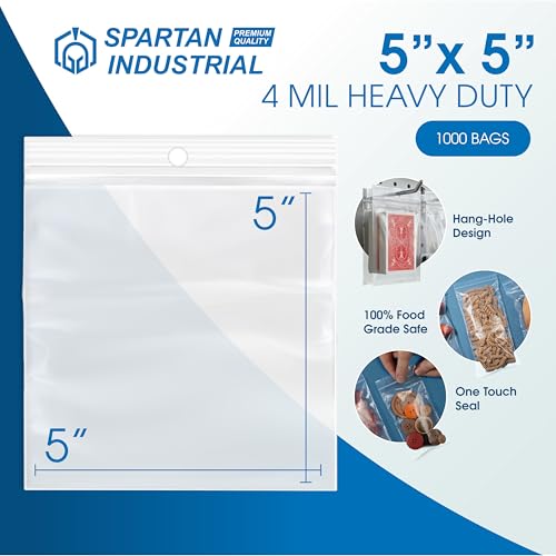 5" X 5" Heavy-Duty Square Zip Bags With Hang Hole for Displays (1000 Count) - 4 Mil Plastic Resealable Bags for Storage and Packaging - Spartan Industrial - size: 5" X 5"