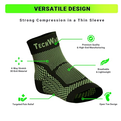 TechWare Pro Ankle Brace Compression Sleeve - Plantar Fasciitis Sock. Relieves Achilles Tendonitis. Foot Arch Support Reduces Joint Pain, Swelling & Heel Spur Pain. Injury Recovery Braces for Sports - color: Black / Green, size: S / M (see size chart)