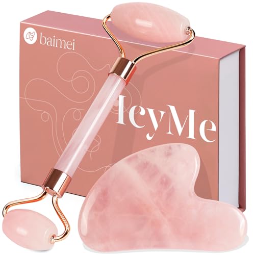 BAIMEI IcyMe Rose Quartz Roller & Gua Sha Set, Cooling Face Roller for Depuffing & Lymphatic Massage, Sculpting Tool for Face, Eyes & Neck, Smooth Skincare Gift for Women and Men - color: Pink