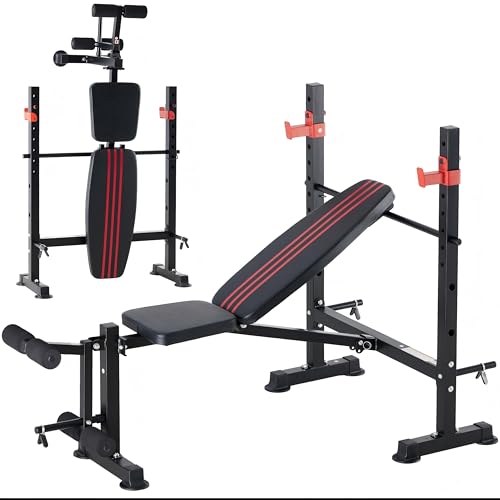 DUMOS Adjustable Weight Bench Set with Rack, 650LBS Foldable Bench Press | Easy Assembly Workout Set with Leg Extension Curl, for Indoor Exercise Home Gym - color: RED, size: 62''*37''*45''