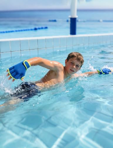 FitsT4 Sports Aqua Gloves Webbed Paddle Swim Gloves Fitness Water Aerobics - color: Blue/Neon Yellow, size: Large