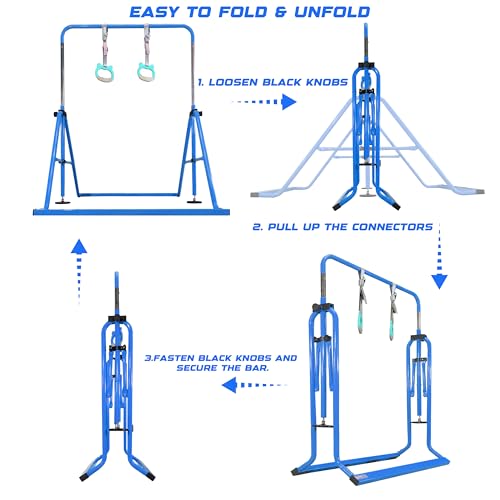 Folding Gymnastics Bar with Rings, Foldable Kip Bar with Sturdier Base, Training Bar for Kids Ages 3-10, Horizontal Bar, Home Gym Equipment for Boy Girl - color: Blue, style: Foldable Bar
