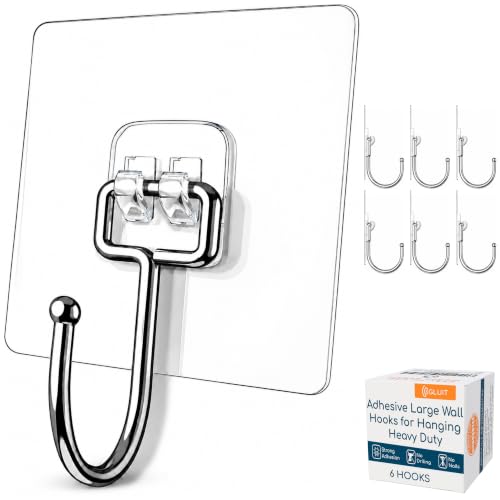 GLUIT Adhesive Large Wall Hooks for Hanging Heavy Duty 22 lbs Hooks for Walls No Drill, Towel Sticky Clear Hooks, Waterproof, Home, Bathroom, Kitchen, Office, and Outdoor 6 Pack - size: Large, 6 pcs
