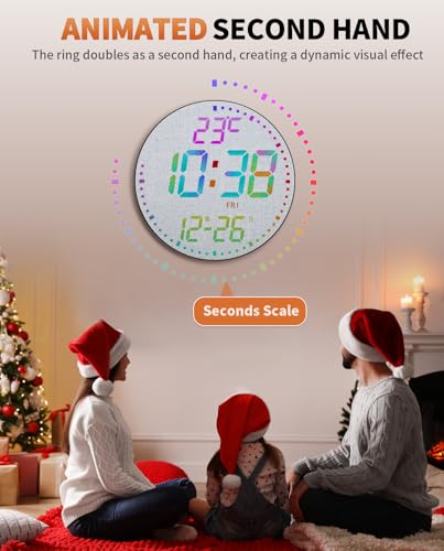 12" Large Digital Wall Mount Clock, Count Down Timer, Alarm, Big LED, 12 RGB Color, Temperature for Living Room Classroom Desk, Xmas, Birthday Gift for Senior Mom (Fabric Elements) - style: Black shell - Fabric Elements