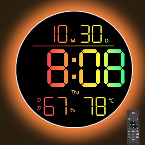 QINFIEY 10 Inch LED Wall Clock with RGB Ambient Light, Auto-Dimming, RGB Color/Time/Date/Temp/Humidity Display, Dual Alarms & Timer, Adjustment Brightness,Digital Round Clock for Bedroom Classroom - color: Rgb, size: 10 inch