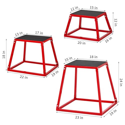 Plyometric Jump Box Set 12/18/24 Inch, Rectangle Steel Jump Plyo Box with Anti-Slip Platform for Home Gym, Strength Training & Conditioning Workouts for Men and Women, Red
