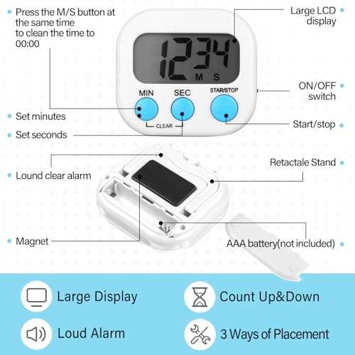Weewooday 24 Pcs Small Digital Kitchen Timer Magnetic Back and Switch Minute Second Count up Countdown Big LCD Display Loud Alarm for Teacher Cooking Baking (Black,White) - color: Black, White