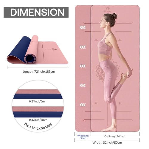 Gruper Yoga Mat Non Slip TPE Extra Wide Yoga Mat with Alignment Mark, 72"L x 32"W x 0.32"/0.24"Th (183cm x 80cm x 8mm/6mm), Anti-Tear Exercise Mat with Carrying Strap and Bag, Workout Mats for Yoga, Pilates - color: PINK BLUE, size: 0.32*32*72 Inches