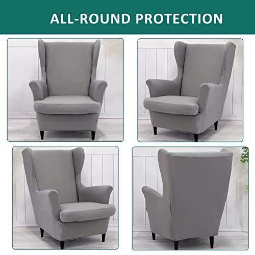 NILUOH Wingback Chair Cover 2-Piece Soft Stretch Wing Chair Slipcover Solid Color Armchair Sofa Couch Cover Furniture Protector with Elastic Bottom for Living Room Bedroom (Light Grey) - color: Light Grey