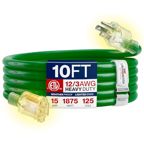 10ft Outdoor/Indoor Extension Cord 12/3 Gauge Extra Heavy Duty 3 Prong SJTW, Waterproof, ETL Listed, Flexible Cold-Resistant Long Power Cord,15A 125V 1875W, Green by LifeSupplyUSA - color: Green, size: 10 FT, style: 12 Gauge (EXTRA HEAVY DUTY)