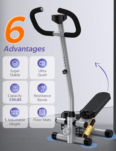 Mini Stepper with Handlebar for Exercise, 330lbs Stair Climber Machine | Hydraulic Fitness Stair Stepper with Resistance Band, Portable Workout Equipment for Home - style: Stepper with Handlebar-Gray
