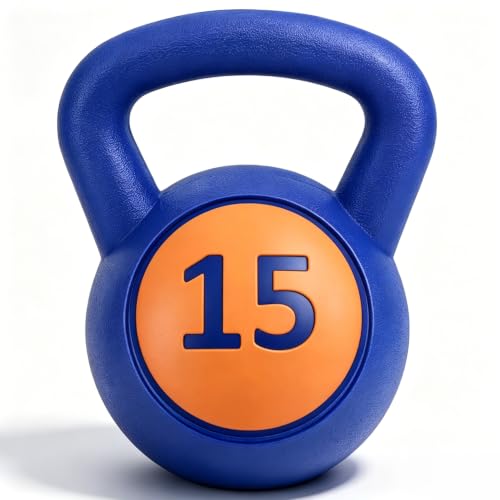 Single Kettlebells, Coated Cast Iron Kettlebell Weights with Wide Grip Handle & Flat Bottom, Strength Training Equipment for Swings, Squats, Deadlifts, Push-Ups & Home Gym Workouts - color: Blue-15 LB