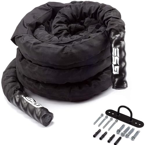 GSE Games & Sports Expert Gym Battle Rope, Heavy-Duty Workout Ropes for Indoor & Outdoor Workout, Exercise Rope for Strength Training - 30,40,50 Feet Lengths Available - color: Black with Sleeve, size: 50ft x 1.5"