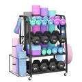 VOPEAK Dumbbell Rack for Home Gym, Adjustable Weight Rack Stand with Wheels, Heavy Duty Steel Storage Organizer for Dumbbells Kettlebells Yoga Mat, with Locking Casters & Side Hooks