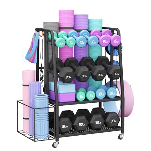 VOPEAK Dumbbell Rack for Home Gym, Adjustable Weight Rack Stand with Wheels, Heavy Duty Steel Storage Organizer for Dumbbells Kettlebells Yoga Mat, with Locking Casters & Side Hooks