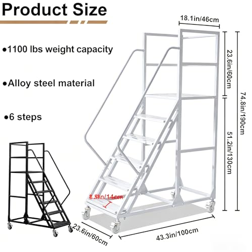 6 Step Rolling Warehouse Step Ladder, Industrial Mobile Staircase on Wheels, 1100Lbs Weight Capacity, Heavy Duty Mobile Platform Ladder with Handrails, Suitable for Warehouse, Library (White, 6 steps) - color: White