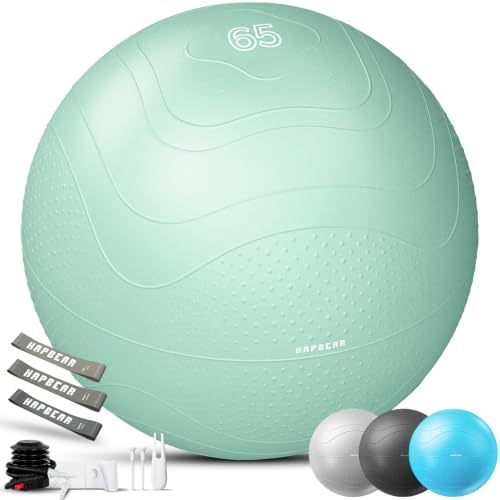 HAPBEAR Exercise Ball- Anti-Burst Slip-Resistant Yoga/Pilates Ball for Core Training & Posture Improvement, Home Gym/Rehab/Pregnancy Ball, Quick Pump & 3 Resistance Bands Included - color: Green, size: L (23-26IN / 58-65cm)