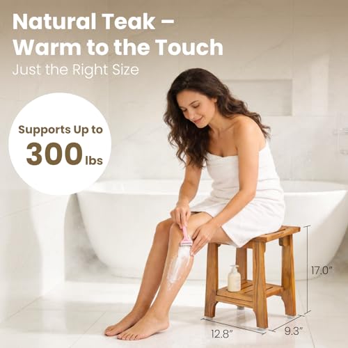 14" Compact Teak Shower Stool with Shelf & Handle - Waterproof, Non-Slip Bath Bench for Small Bathrooms/Tub/Outdoor Use, 300 lbs Capacity (Patented) - size: 14"W x 10" Dx 17"H