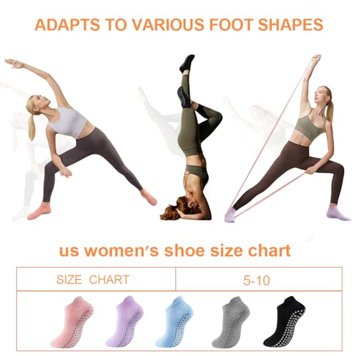 5 Pairs Pilates Socks with Grips for Women Non Slip Grip Yoga Crew Socks for Barre Hospital Barefoot - color: B - Black Gray Pink Purple Blue
