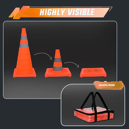 Nilight 28 Inch Collapsible Traffic Safety Cones 4 Pack - Bright Orange Parking Cones with Reflective Collars for Roadside Emergency, Parking, Driving Practice - size: 28 Inch