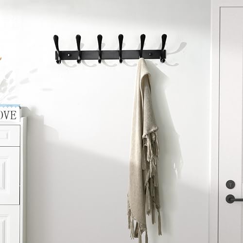 SKOLOO Coat Rack Wall Mounted - 6 Hooks, Heavy Duty, Stainless Steel, Metal Wall Hanger, Sturdy Coat Hooks for Hanging Coats, Jacket, Clothes, Hats - Black - color: Black, size: 6 Hook(1 Pack)