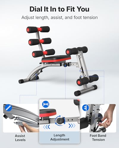 MERACH Ab Machine, Adjustable Ab Trainer, Sit Up Exercise Equipment 330LBS | Multi-Functional Adjustable Ab Workout Bench, Home Gym Equipment, Automatic Rebound, Core Ab Training - color: Black Red