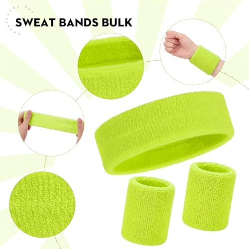 Bememo 6 Pcs Neon Sports Sweatbands Set Sports Competitions Sweatbands 2 Headband 4 Wristbands Breathable Terry Cloth Athletic Bands for Team Soccer Spirit 80s Costumes Cosplay - color: Neon Yellow