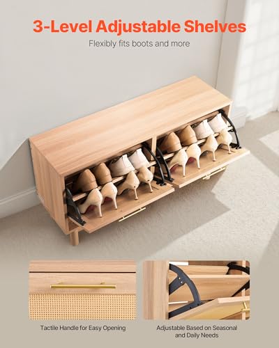 VEVOR Rattan Shoe Storage Bench, Entryway Bench with 2 Flip Drawers, Holds up to 300 lbs with 4 Compartments and 2 Rattan Doors, 39.4 x 11.8 x 20.9 Inches for Hallway, Living Room, Bedroom - size: 2 Rattan Doors