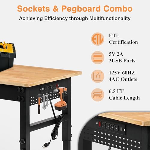 Betterhood 84" 2-in-1 Convertible Adjustable Workbench, L-Shaped & Extended 5000 LBS Heavy Duty Work Table with Power Outlets & Pegboard, Rubber Wood Workstation for Garage, Workshop - size: Rubber Pad/ Power Outlets/ 2 Pegboard/ 84"x20"x37"