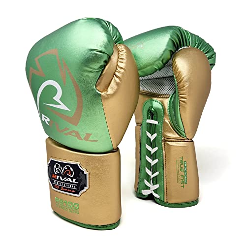 RIVAL Boxing RS100 Professional Lace-Up Sparring Gloves, Handcrafted with Super-Rich Microfiber PU, Ergonomically Designed to Perfectly Fit Your Hand - color: Green/Gold, size: 18 oz.