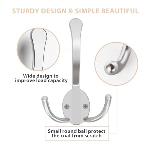 Homanu 10 Pack Coat Hooks Heavy Duty, Metal Three Prongs Large Coat Hooks Wall Mounted with 20 Screws, No Rust Silver Rustic Wall Hooks for Hanging Towel, Coat, Scarf, Bag, Hat, Cup, Key - color: 10 Pcs Silver