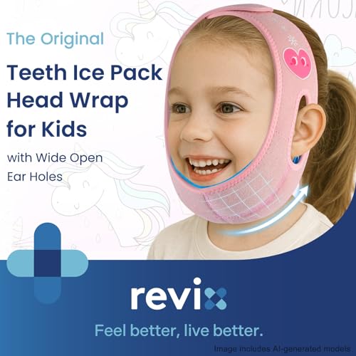 REVIX Teeth Ice Pack Head Wrap for Kids Ice Pack for Face with 3D Fit, Reusable Hot Cold Compress for Cheek & Jaw Relief, Ideal for Tonsillectomy Recovery, Adorable Unicorn Pattern, Pink