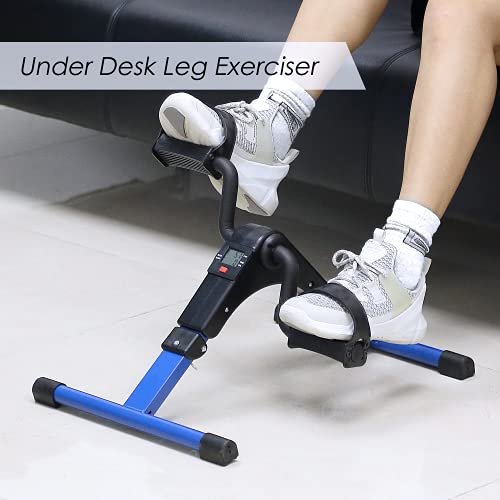 Folding Pedal Exerciser, Mini Under Desk Bike - Portable Foot Hand Cycle Peddler Machine Bicycle Exerciser for Arm Leg While Sitting - color: Blue