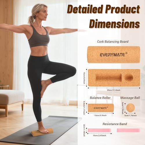 EVERYMATE 4-in-1 Cork Balance Board Kit, Foot & Ankle Strengthener with Massage Roller/Ball, Toe Resistance Bands, Storage Bag, for Enhance Mobility & Prevent Falls Improve Foot Function for Home/Office/Gym