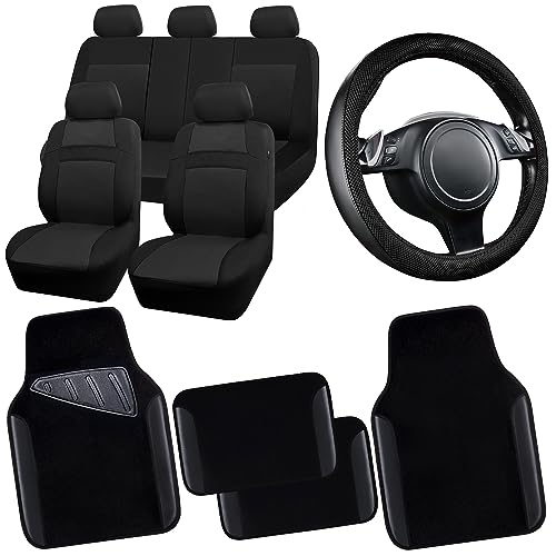 CAR PASS 3D Air Mesh Car Seat Covers Full Sets w/5mm Sponge, 4Pcs Waterproof Car Floor Mats, Steering Wheel Cover Universal Fit for SUV Sedan Truck, Airbag Compatible Automotive Interior(Black) - color: Black combo