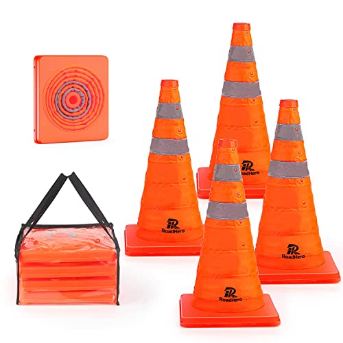 RoadHero 18 Inch 4 Pack Collapsible Traffic Safety Cones, Multi Purpose Pop-up Cones with Reflective Collar for Road Safety, Orange Cones for Driving Training, Parking Lots - size: 18 Inch