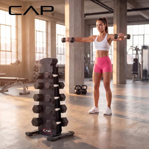 CAP Rubber Coated Hex Dumbbell Set with Storage Rack | 100–210 lb Options, Space-Saving Vertical Compact Storage for Home Gym Strength Training - size: 210 lb - Set - Black Rack, style: Chrome Handles