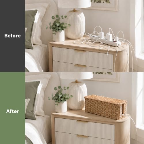 Cable Management Box, Handmade Rattan Cable Organizer with 2 Open Slots, Cord Hider for Power Strip, Router & USB Hub, Registered U.S. Design Patent (D1,112,102), 13" x 5.1" x 5.1", Natural - color: Natural, style: Rectangle