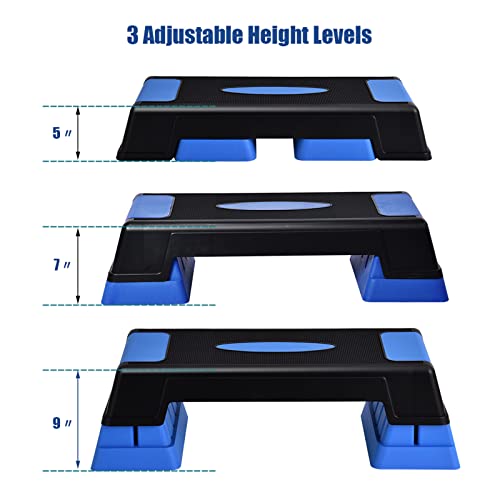 Aerobic Step Platform for Exercise w/Risers, Workout Step Height Adjustable 5"-7"-9", Fitness Step 450lbs Capacity, Non-slip Exercise Step Deck for Home/Gym - color: Blue