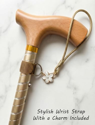 Asterom Canes for Women - Foldable, Adjustable, Collapsible - Fashionable Walking Cane for Women, Wooden Handle - color: Gold