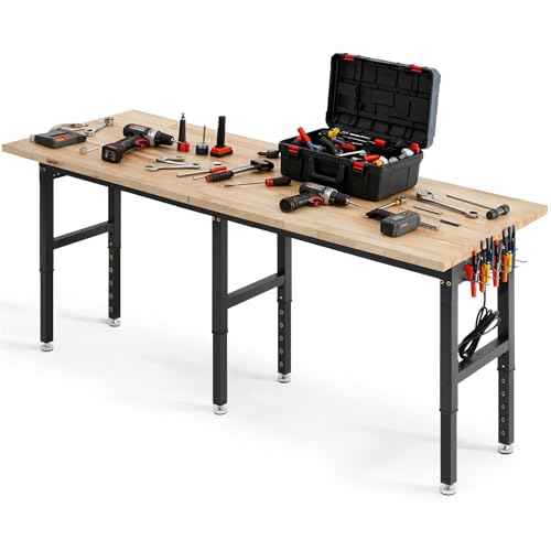 VEVOR Adjustable Workbench, 5000 lbs Capacity, 96 x 24 Inch Oak Wood Top Workstation with 4 AC Outlets & 2 USB Ports, Heavy-Duty Hardwood Worktable for Garage, Workshop, Home, Office, Commercial - size: 96 x 24 x 29.1-39 in / 2438 x 610 x 740-990 mm