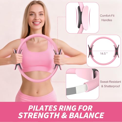 NANATI Pilates Kit, Home Pilates Workout Kit for Women, Pilates Equipment with 14.5" Pilates Ring and Ball, Resistance Bands, Ankle Weights, Sliders & Grip Socks for Home Workouts - color: Pink