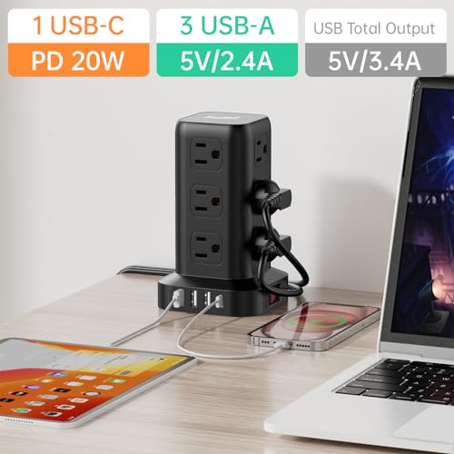 Extension Cord with Multiple Outlets, SMALLRT Power Strip Tower, PD 20W USB C, Power Strip with USB Ports 12 AC Outlets, 10FT Outlet Extender for Home Dorm, Office Supplies, Overload Protection - color: Black, size: 10 Ft without wireless charging 20W