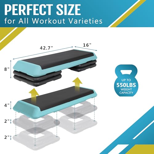 F2C 43 inch Aerobic Exercise Step Platform Adjustable Height Stepper Exercise Workout Step Bench with 4 Risers 4" - 6" - 8" Large Fitness Exercise Stair Step for Home Gym Fitness Training - color: Green