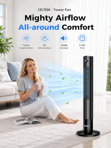 OSTBA 43" Tower Fans with Remote, 85° Oscillating Bladeless Fans, Standing Fans with Touch LED Display, 12H Timer, 3 Speeds 2 Modes Cooling 28dB Quiet Floor Fan for Bedroom, Home, Office