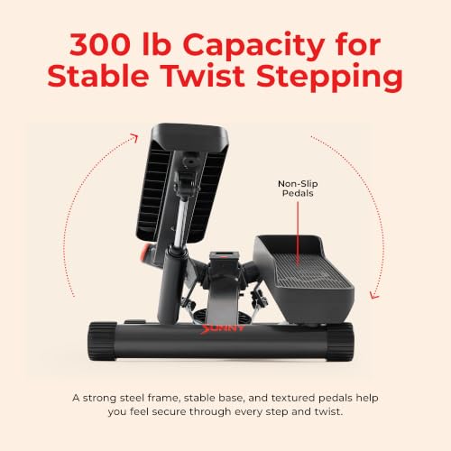 Sunny Health & Fitness Twist Stair Stepper with Resistance Bands | Low-Impact, Side-Twist Motion, Adjustable Step Height, Hydraulic Resistance, SunnyFit App, Up to 350 lb Capacity - color: Black Matte