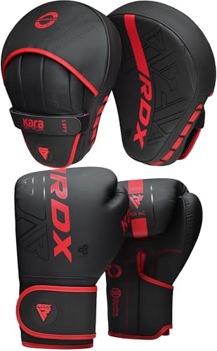 RDX Boxing Pads and Gloves Set, Maya Hide Leather Kara Hook and Jab Curved Focus Mitts with Punching Gloves for MMA, Muay Thai, Kickboxing Coaching, Martial Arts - color: Red, size: 8OZ