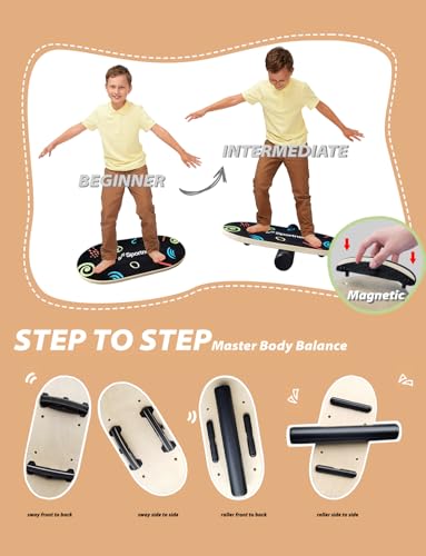 Sportneer Kids Balance Board, 4-Mode Adjustable Balance Trainer | Build for Kids, 4 Modes, Safe & Sturdy Wobble Board, Balance Trainer - color: Doodle Black