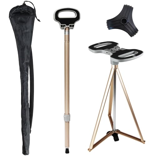 Cane with Seat 2-in-1 Portable Walking Stick with Seat for Men & Women Folding Lightweight Sturdy Tripod Cane Foldable Stool Mobility Aid Crutch Chair with Travel Bag for Elderly, Seniors & Handicap - color: white golden