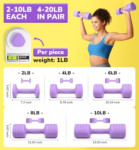 Adjustable Dumbbell Set of 2, 10LB 20LB 30LB Weight Set | Hand Weights for Women Men, Dumbbells for Home Gym Outdoor Exercise & Muscle Toning Weight Loss Rehab Strength Training - color: Purple, style: 20 lb, Pair-Rubber Handle